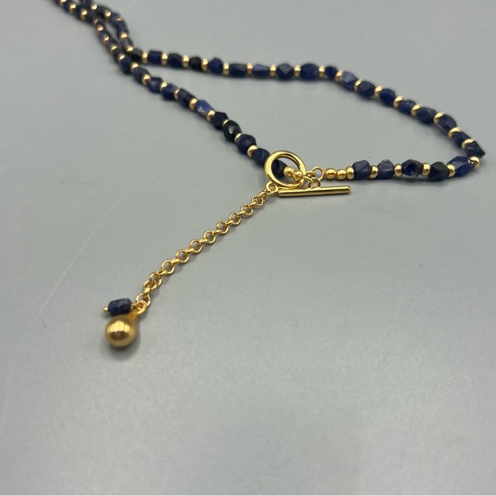 Women’s Blue Lapis Lazuli Gemstone Bead Necklace with Gold Accents - Picture 4 of 4
